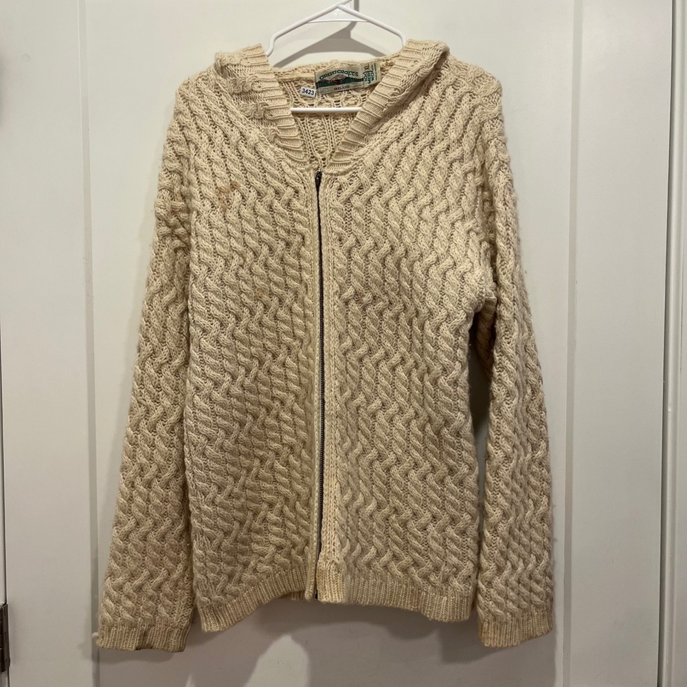Aran Crafts Ireland Merino Wool Cable Knit Hooded Zip Cardigan Cream XL